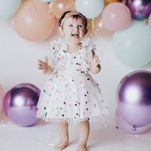 EUC Etsy Custom Multi Color Metalic Polka Dot Tulle Dress and Bow Headband